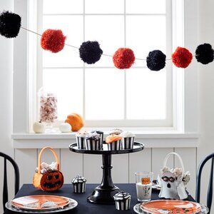 POTTERY BARN KIDS ~ Orange & Black Large Raffia Pom Pom Garland 6' long